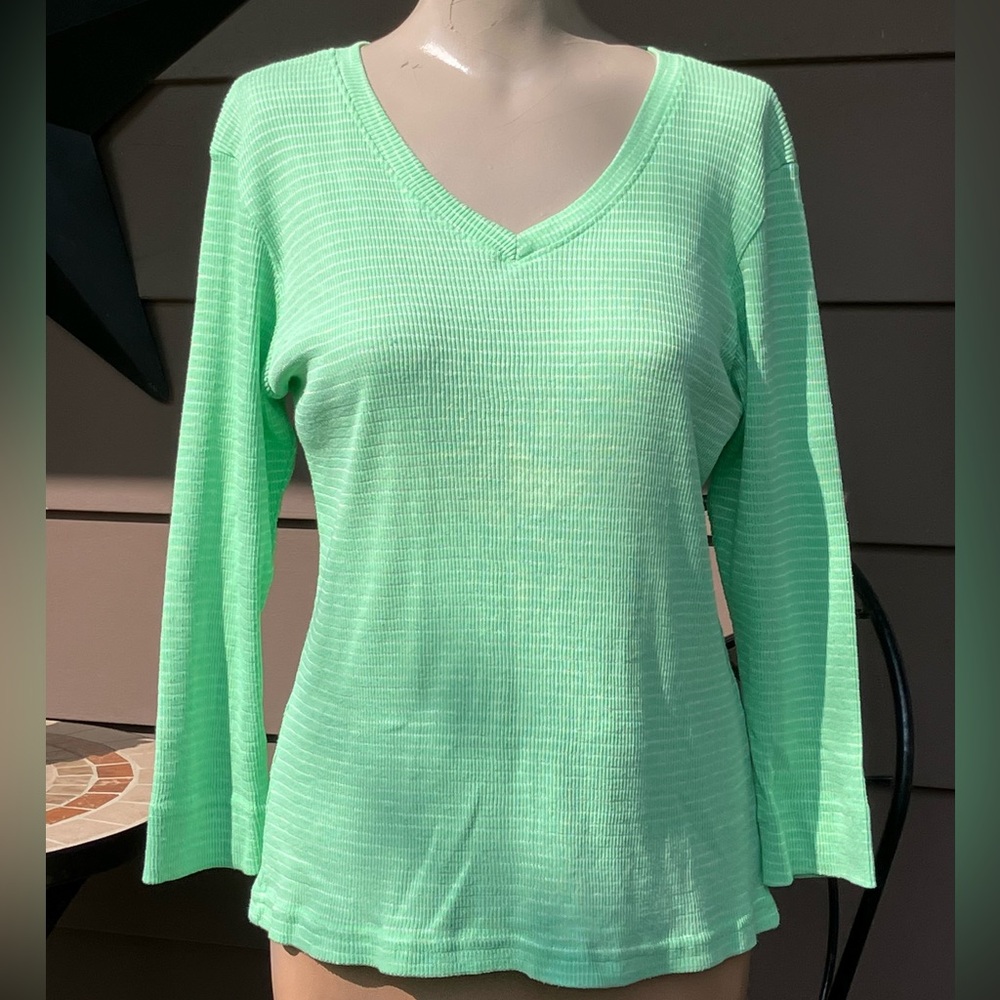 Fresh Produce Womens Ribbed Thermal Top V Neck Long Sleeve Metallic Striped Sz L